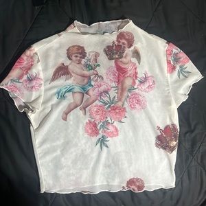 Shein White Angel Floral Sheer Crop Top, Size 4